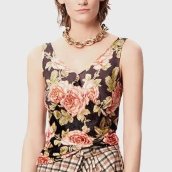 PACO Rabanne - Brown / Pink Multi Silk & Velvet Mixed Media Floral Rose V-Neck - Picture 6 of 14